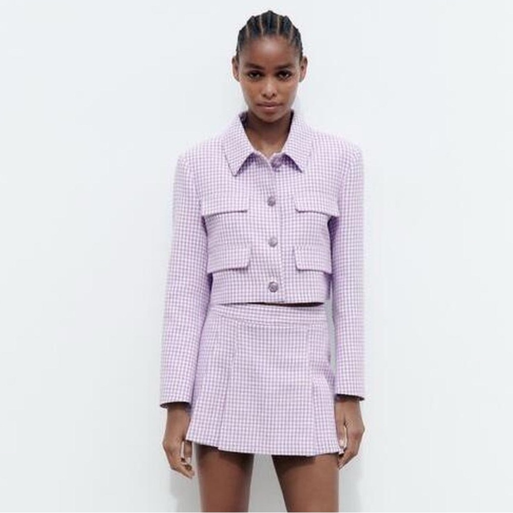 Zara Lavender Lilac Purple White Checkered Blazer Skort skirt set medium large